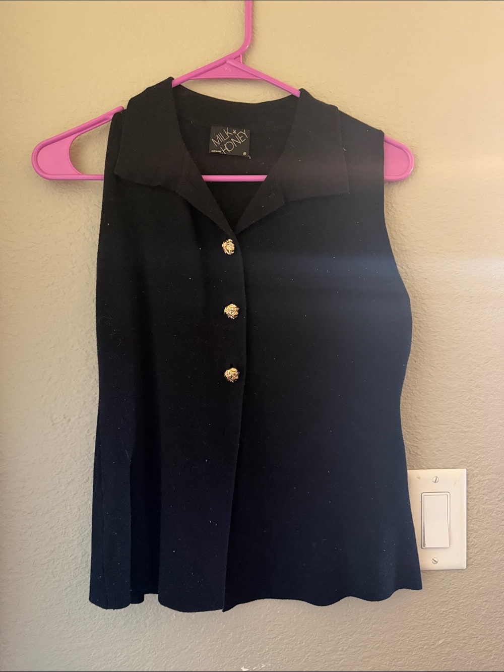 Milk & Honey Black Sleeveless Collared Tank with Gold Buttons